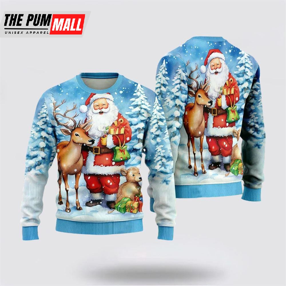 Santa And Reindeer Ugly Christmas Sweaters, Funny Santa Sweaters