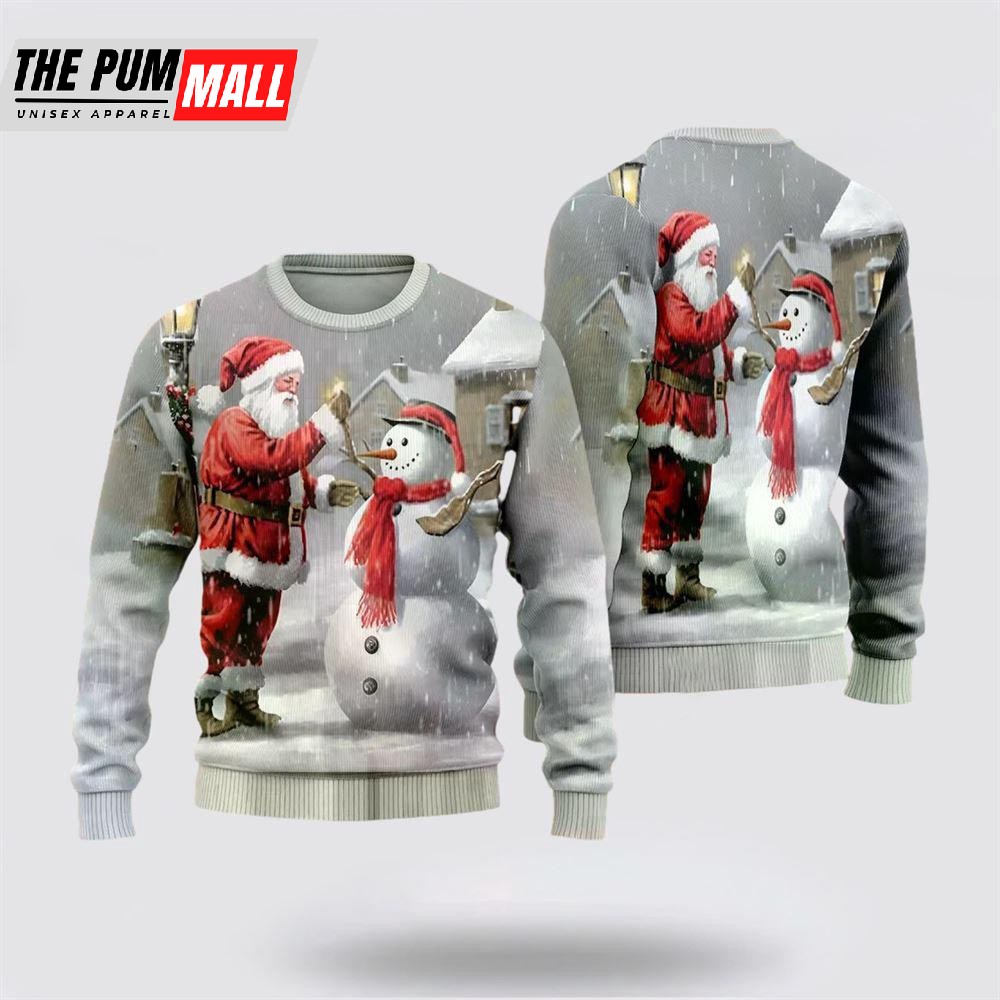 Santa And Snowman Ugly Christmas Sweaters, Funny Santa Sweaters