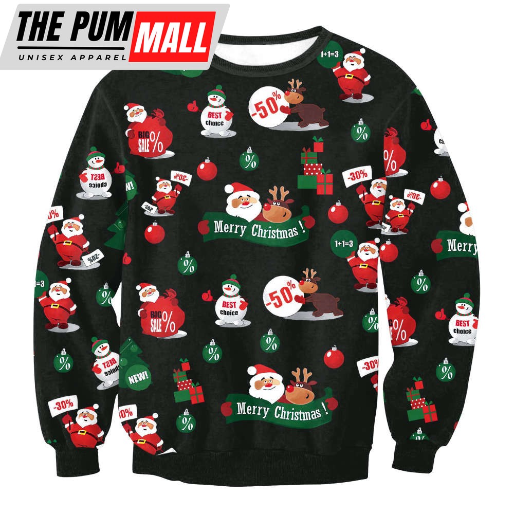 Santa Claus and Deer Icon Cute Black Ugly Christmas Sweater, Gift For Christmas