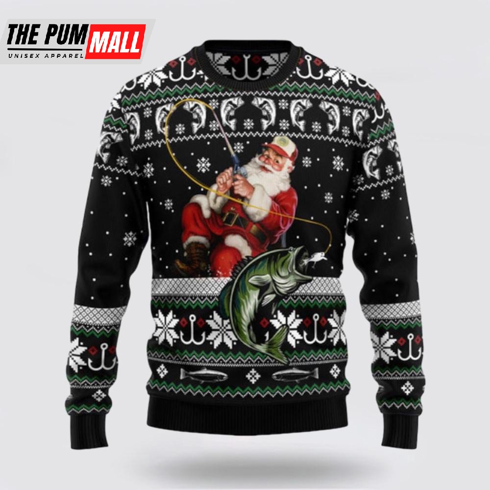 Santa Claus Fishing Ugly Sweater, Funny Santa Sweaters