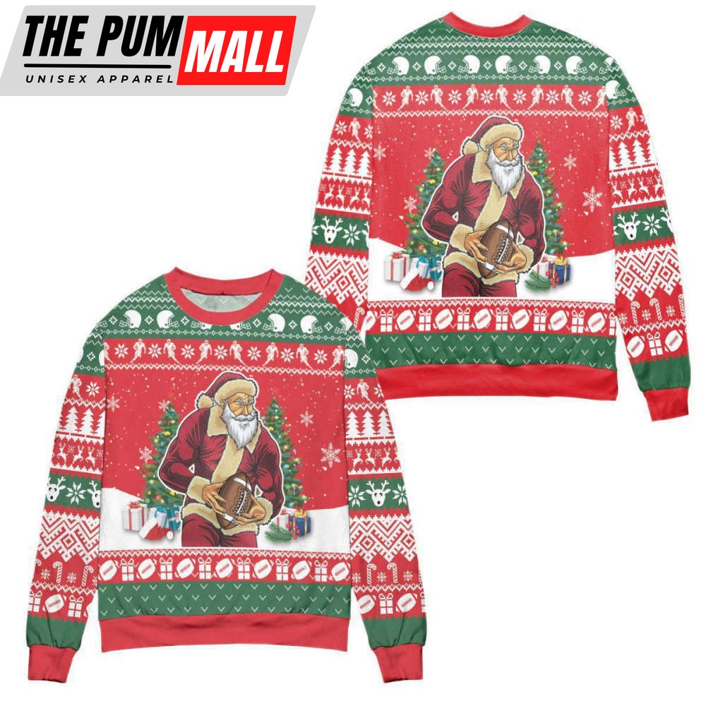 Santa Claus & Football Snowflake Pattern Ugly Christmas Sweater, Gift For Christmas