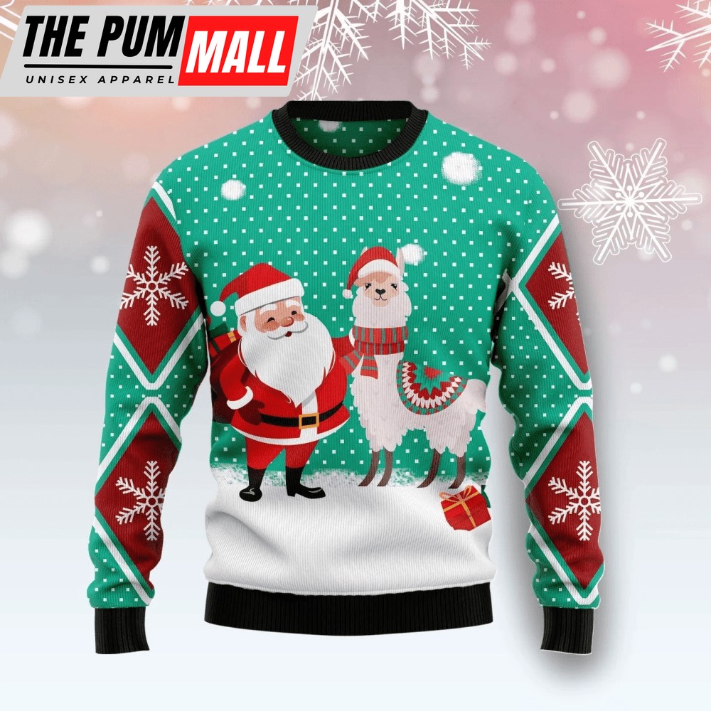 Santa Claus & Llama Ugly Sweater: Festive Green & Red Snowflake Design – Gift For Christmas