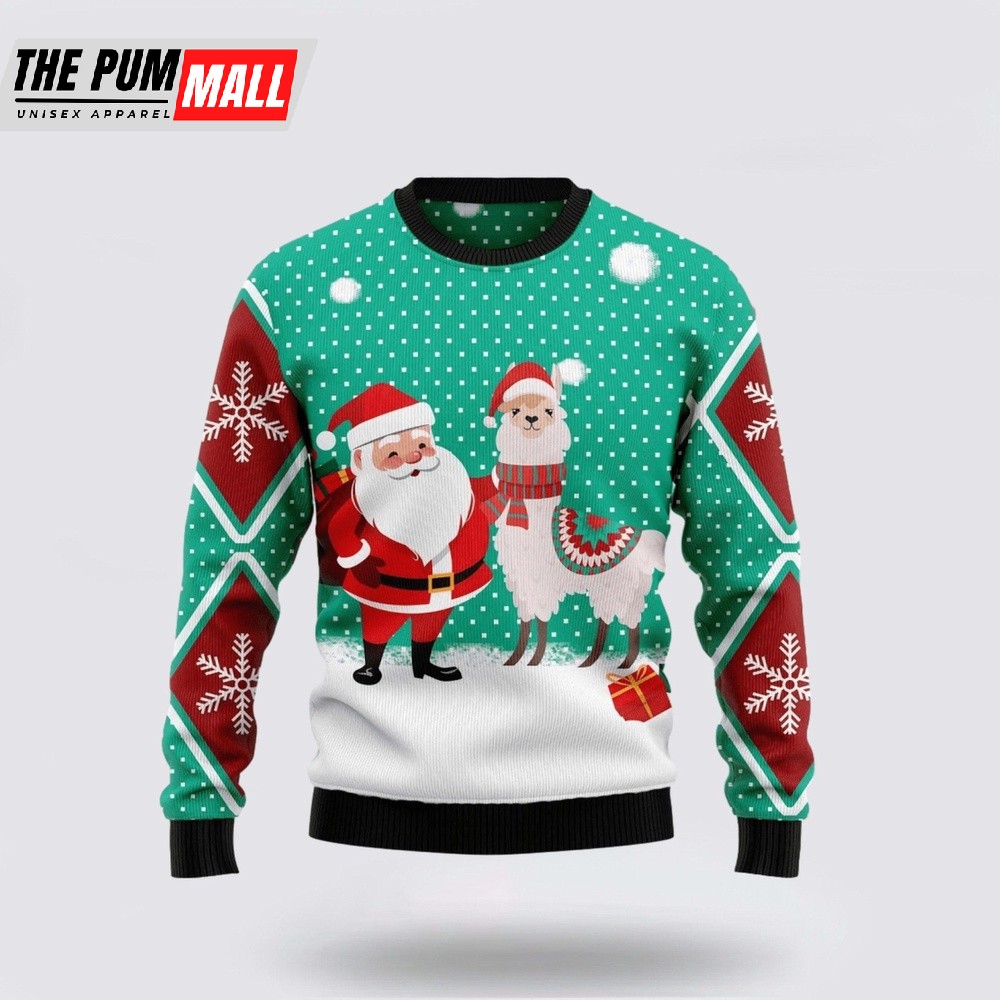 Santa Claus & Llama Ugly Sweater Festive Green & Red Snowflake Design