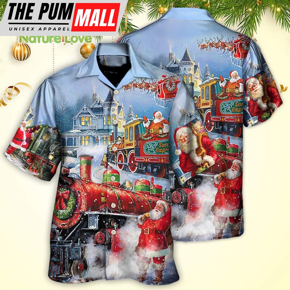 Santa Claus North Pole Express Train Xmas Coming Christmas Hawaiian Shirt