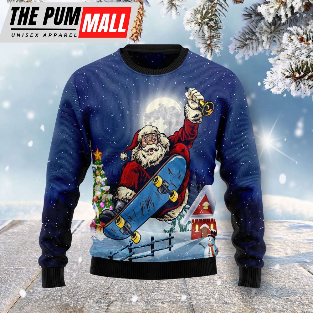 Santa Claus Playing Skateboard Ugly Christmas Sweater, Gift For Christmas