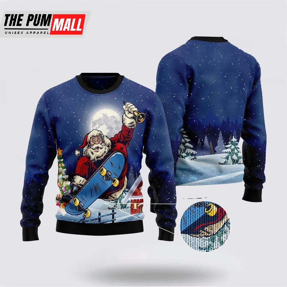 Santa Claus Playing Skateboard Ugly Christmas Sweater