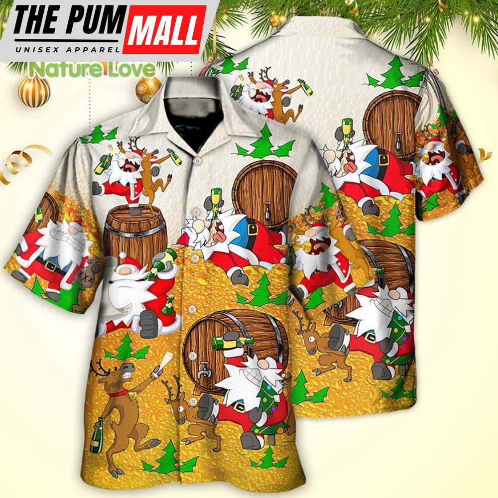 Santa Claus Reindeer Drunk Beer Merry Christmas Funny Hawaiian Shirt