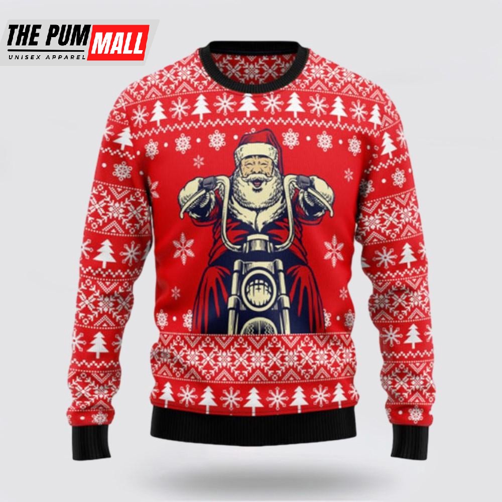 Santa Claus Ride A Motorcycle Ugly Sweater, Funny Santa Sweaters