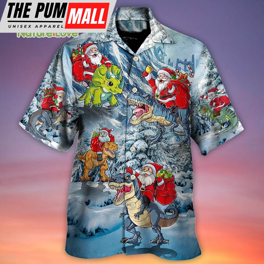 Santa Claus Riding Dinosaur Snowy Mountain Christmas Hawaiian Shirt