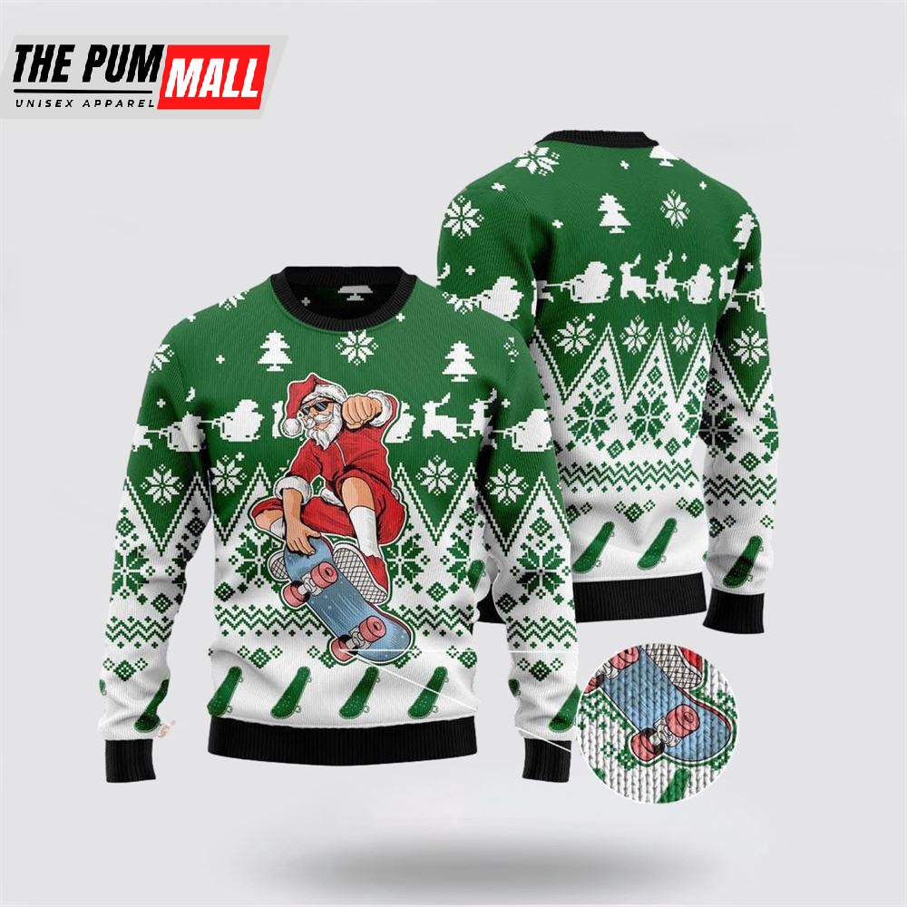 Santa Claus Skateboarding Ugly Christmas Sweater