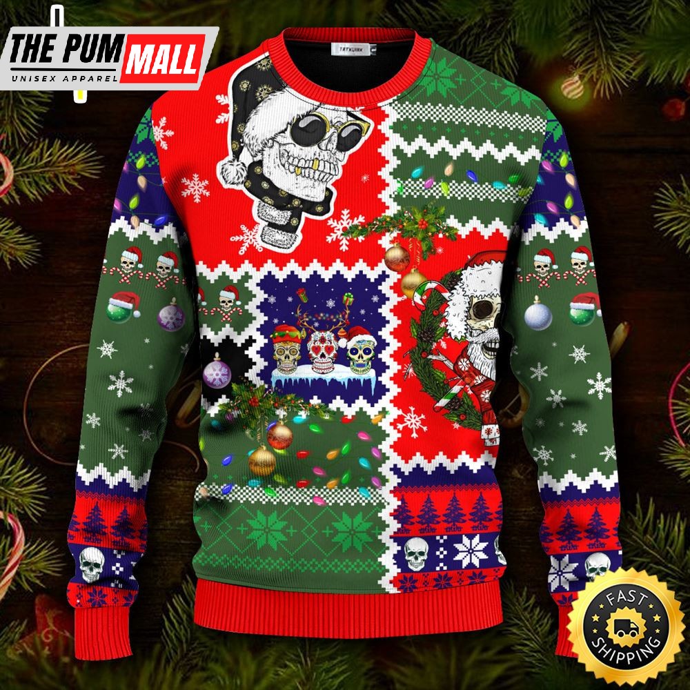 Santa Claus Skulls Cool Christmas Pattern Skull Ugly Christmas Skull Sweater Christmas