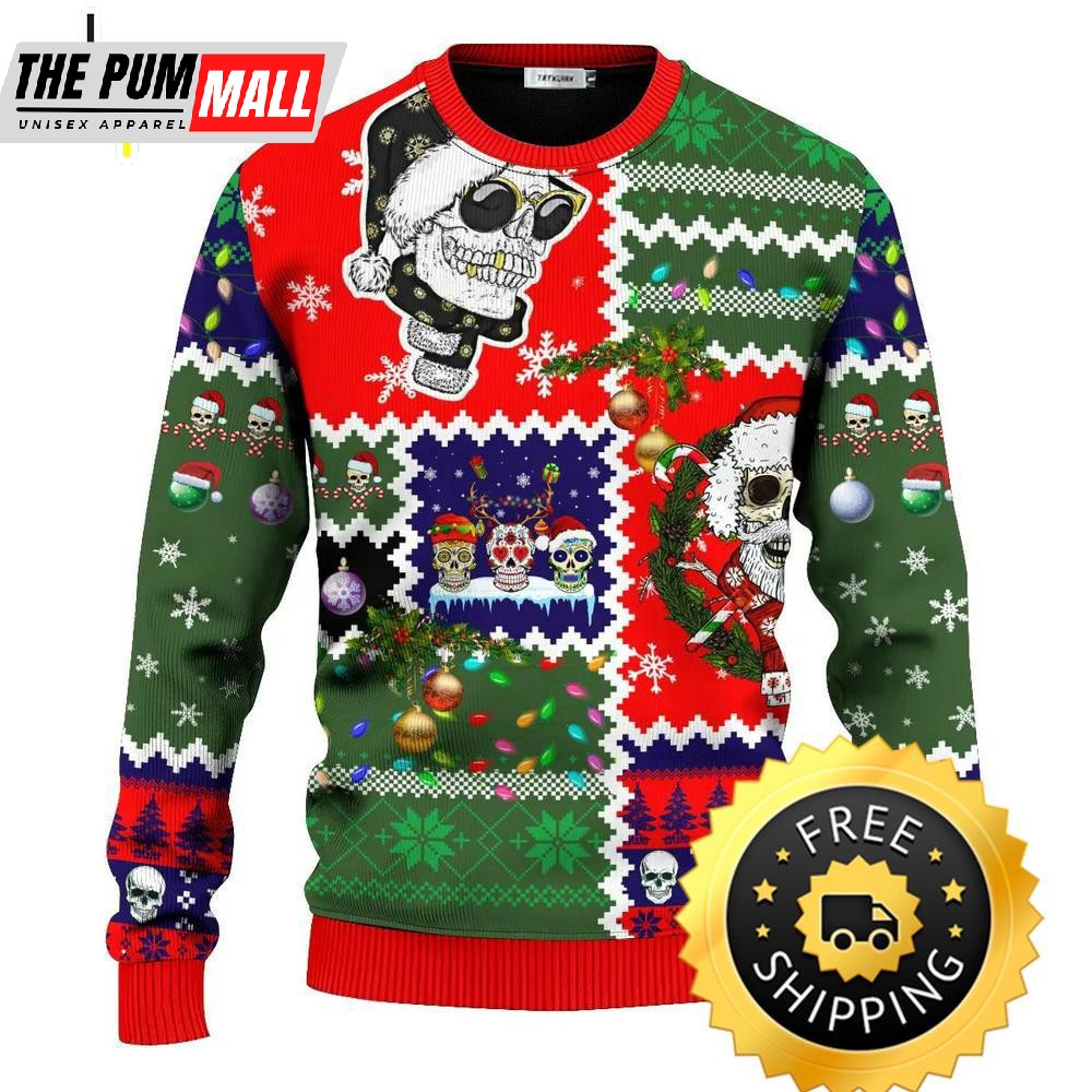 Santa Claus Skulls Cool Christmas Pattern Skull Ugly Christmas Sweater, Skull Ugly Sweater
