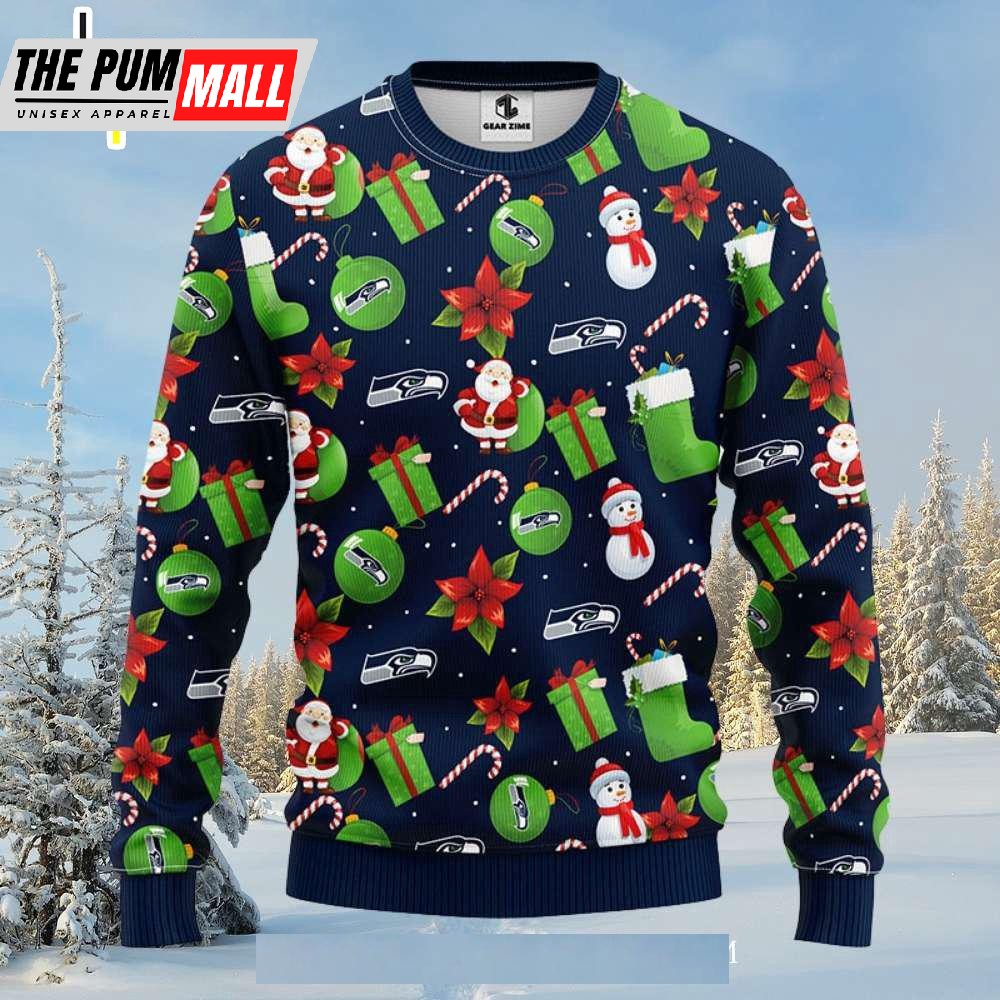Santa Claus Snowman Graphic Seattle Seahawks Ugly Christmas Sweater