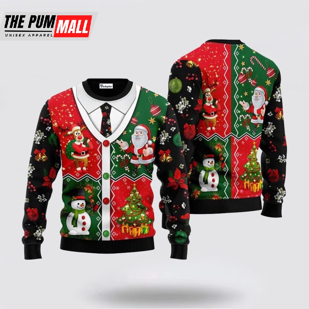 Santa Claus Snowman Reindeer Ugly Sweater, Funny Santa Sweaters