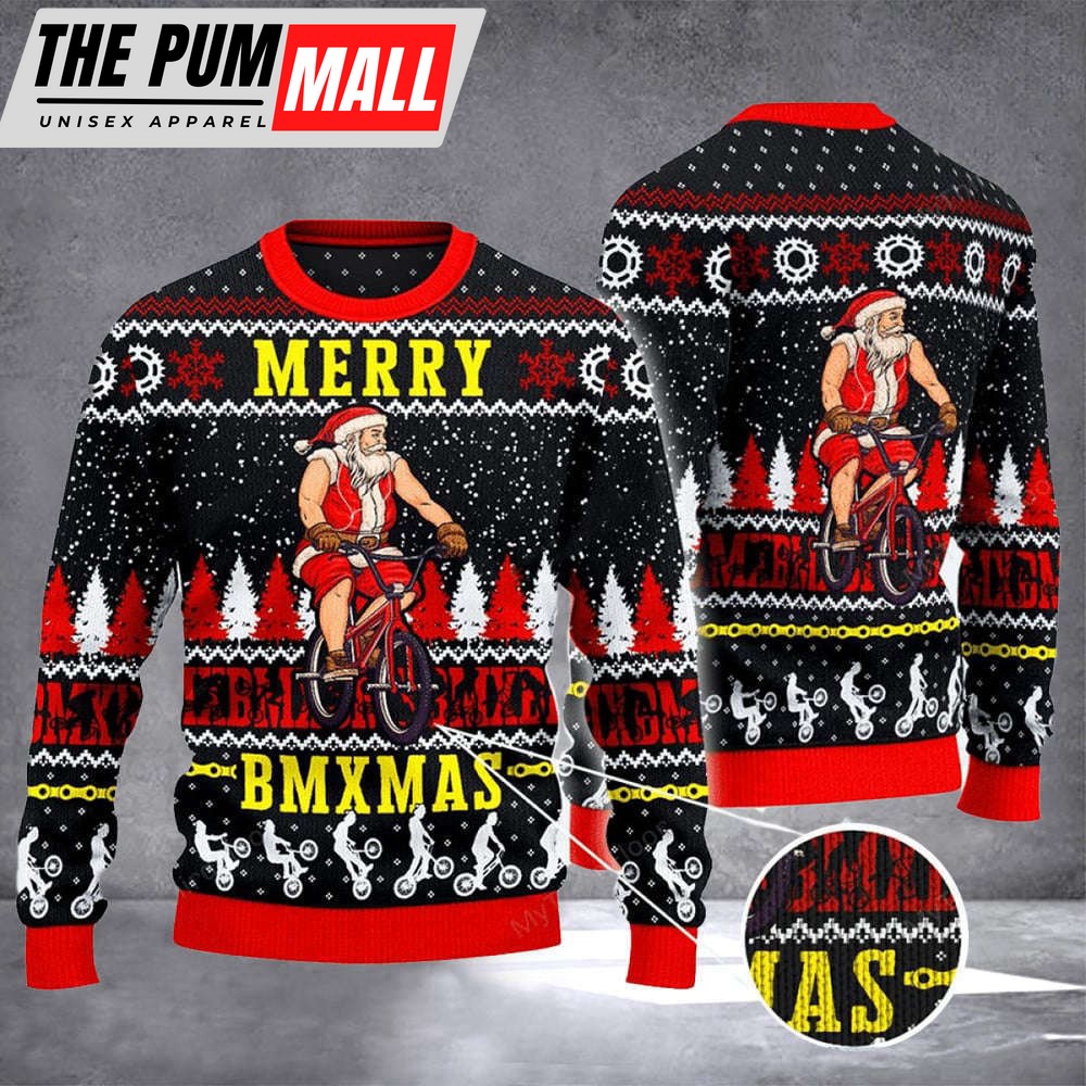 Santa Cycling Merry BMxmas Ugly Christmas Sweater Gift For Christmas 2023