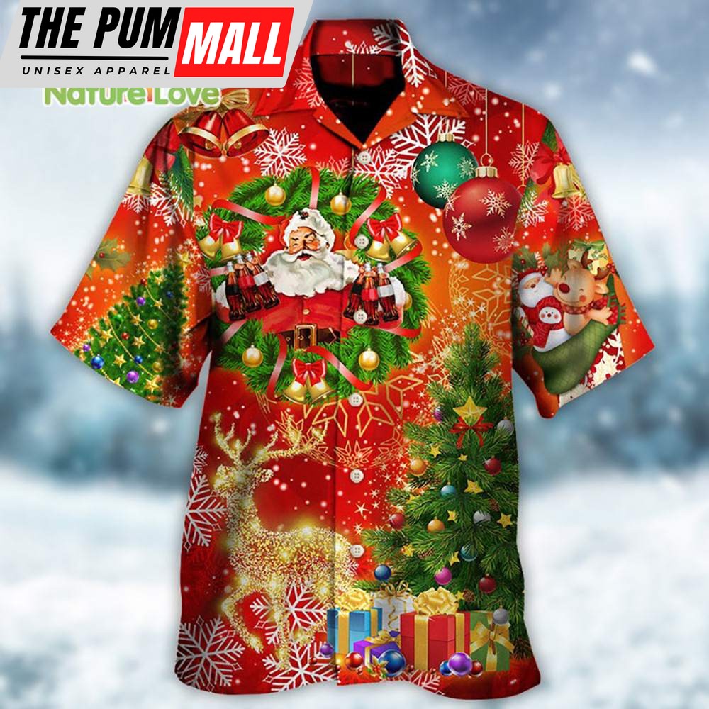 Santa Drinking Xmas Wreath Tree Merry Christmas Red Hawaiian Shirt