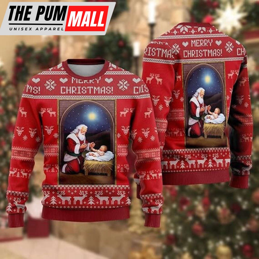 Santa & Jesus Ugly Christmas Sweaters, Merry Christmas Mens Sweater For Christmas