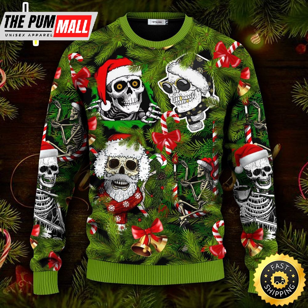 Santa Skulls In Christmas Tree Skull Ugly Christmas Skull Sweater Christmas