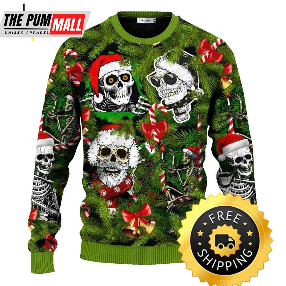 Santa Skulls In Christmas Tree Skull Ugly Christmas Sweater, Skull Ugly Sweater