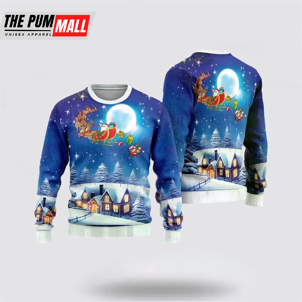Santa Sleigh Ugly Christmas Sweaters, Funny Santa Sweaters