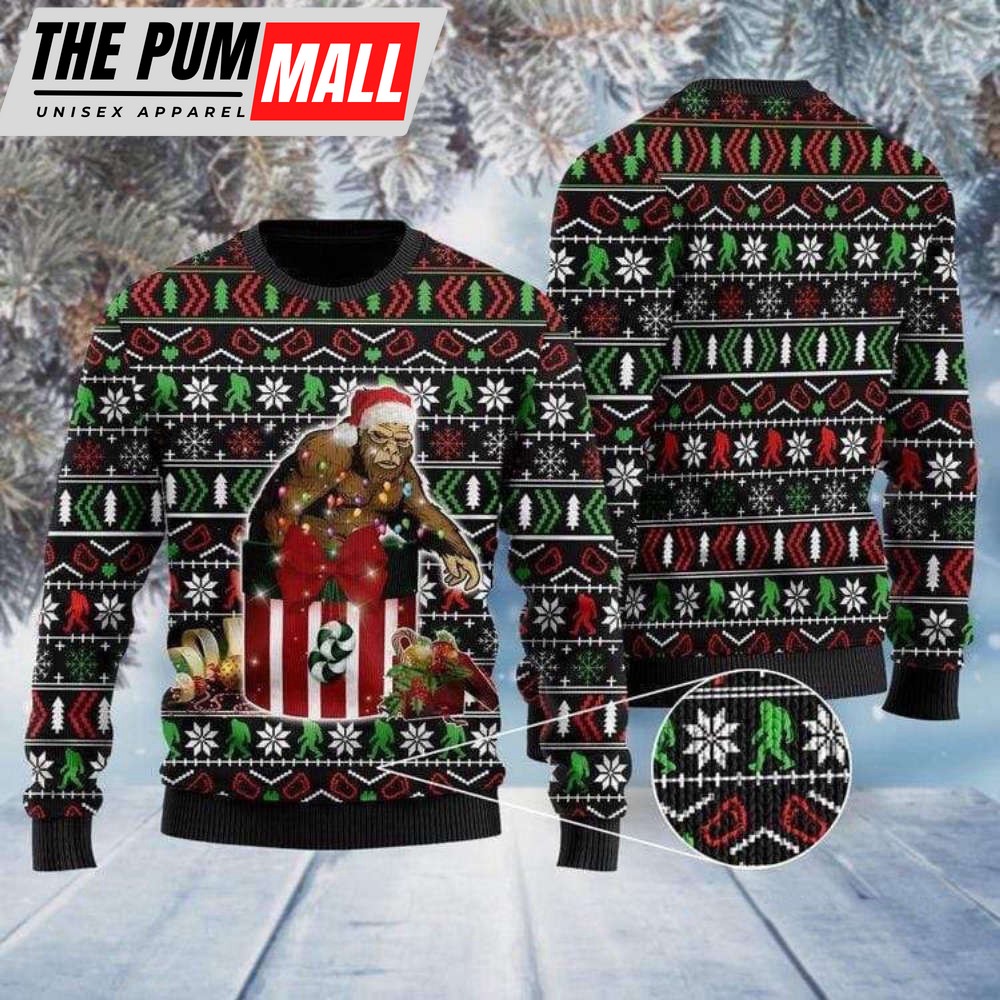 Santa Squatch Bigfoot With Gift Box Ugly Christmas Sweater, Gift For Christmas