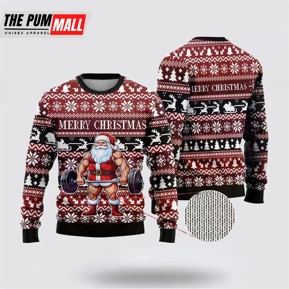 Santa Weightlifting Ugly Christmas Sweater, Funny Santa Sweaters