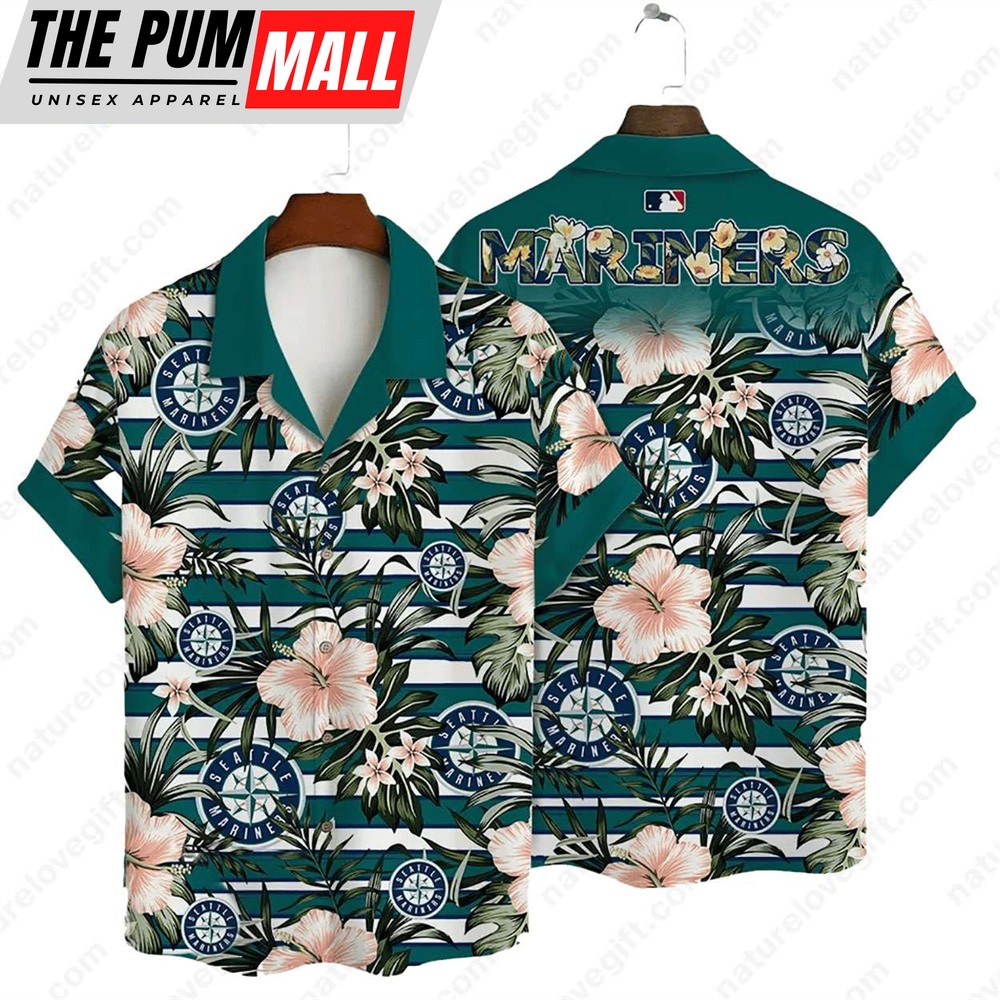 Seattle Mariners Hibiscus Tropical Flowers Stripe MLB Hawaiian Shirt