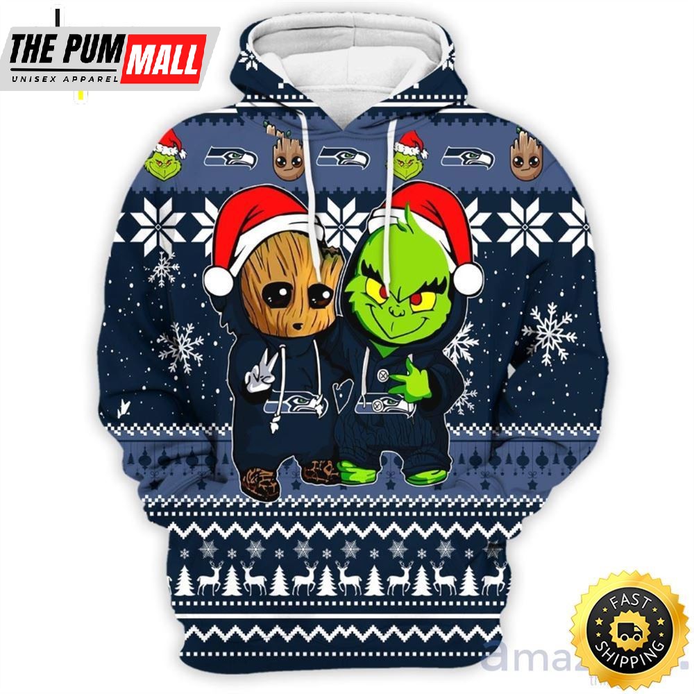 Seattle Seahawks Baby Groot And Grinch Best Friends 3D Hoodie Christmas Sweater
