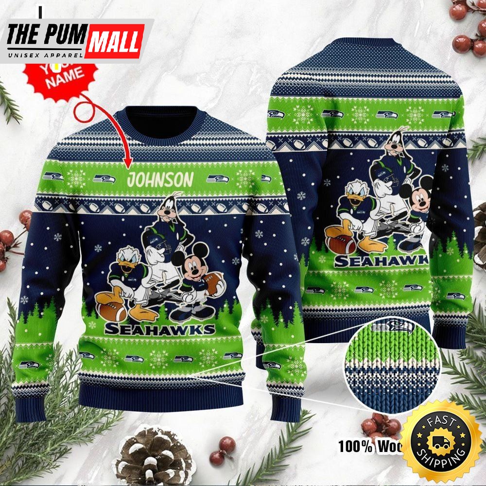 Seattle Seahawks Disney Donald Duck Mickey Mouse Goofy Personalized Ugly Christmas Sweater Perfect Holiday Gift