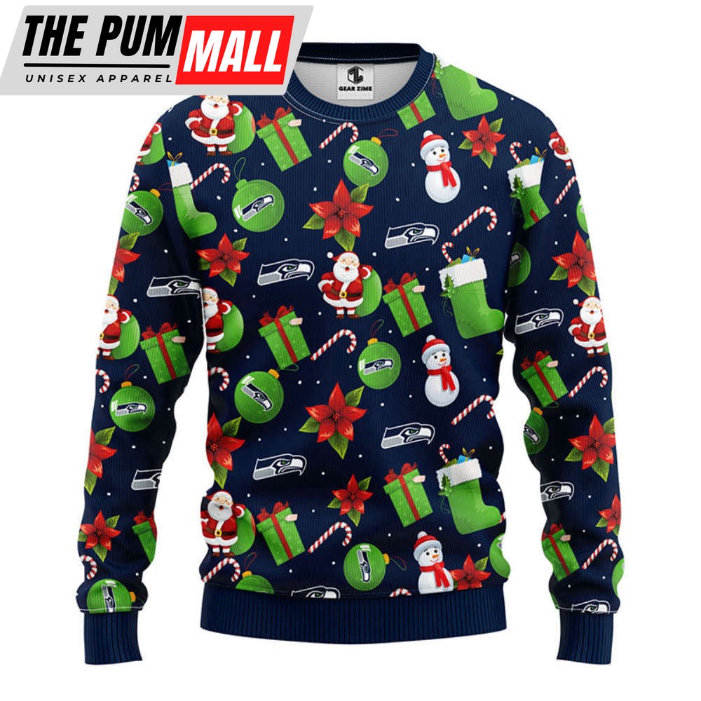 Seattle Seahawks Santa Claus Snowman Christmas Ugly Sweater, Gift For Christmas