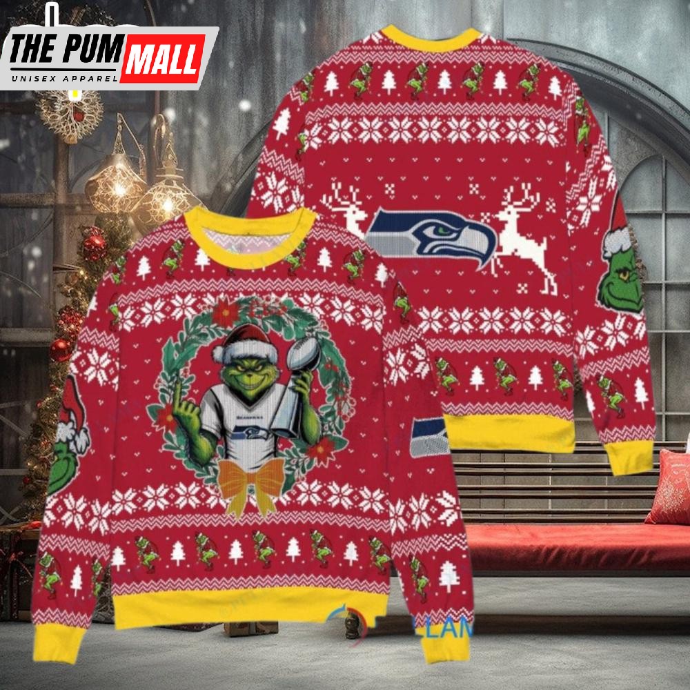 Seattle Seahawks x Grinch NFL Grinch Super Bowl Trophy Ugly Christmas Sweater