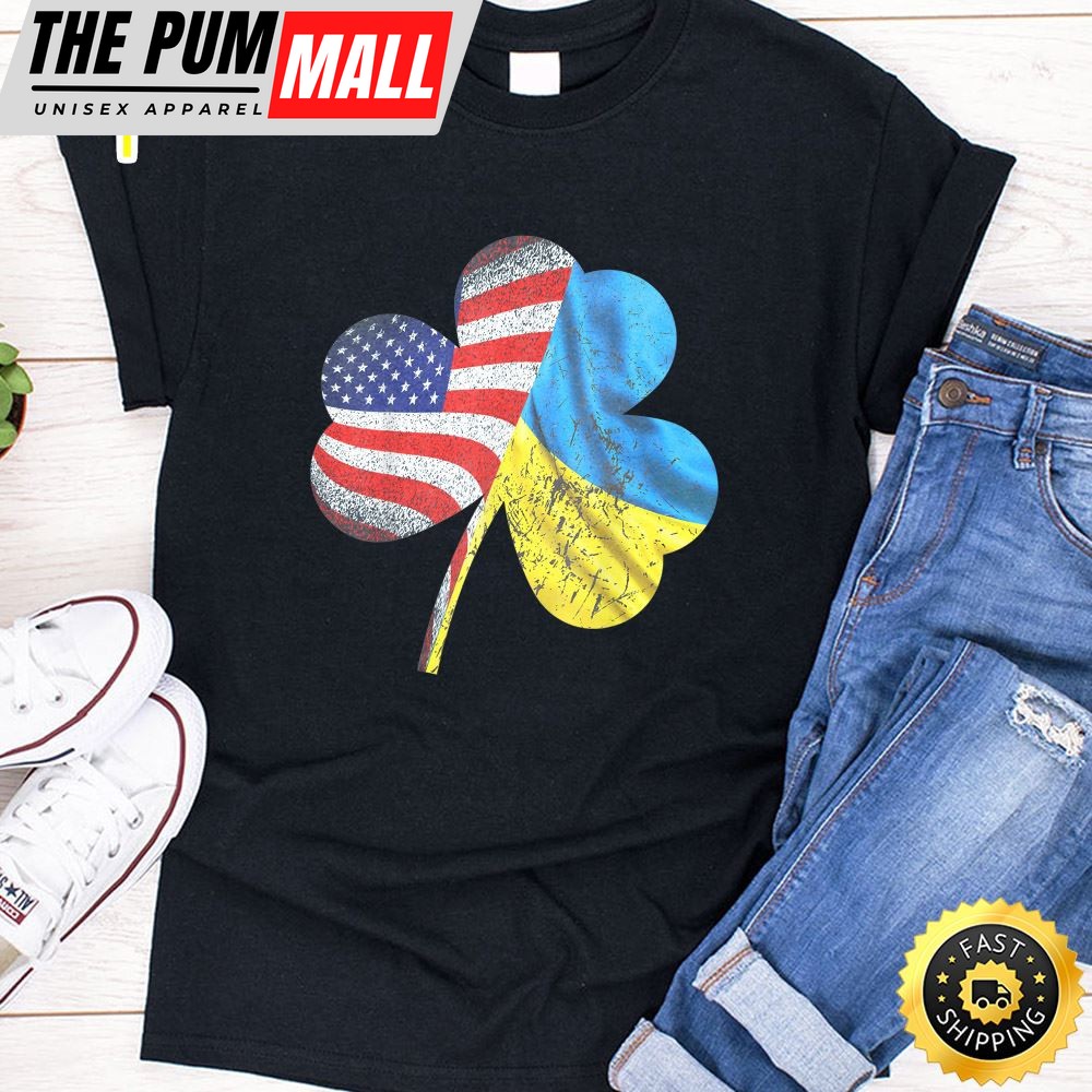 Shamrock American Flag With Ukraine Flag St. Patrick Day T-Shirt