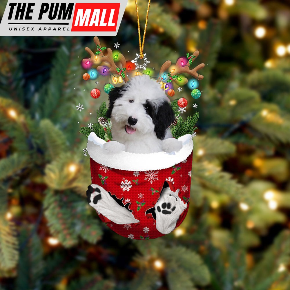 Sheepadoodle In Snow Pocket Christmas Ornament – Two Sided Christmas Plastic Hanging Limited Edition