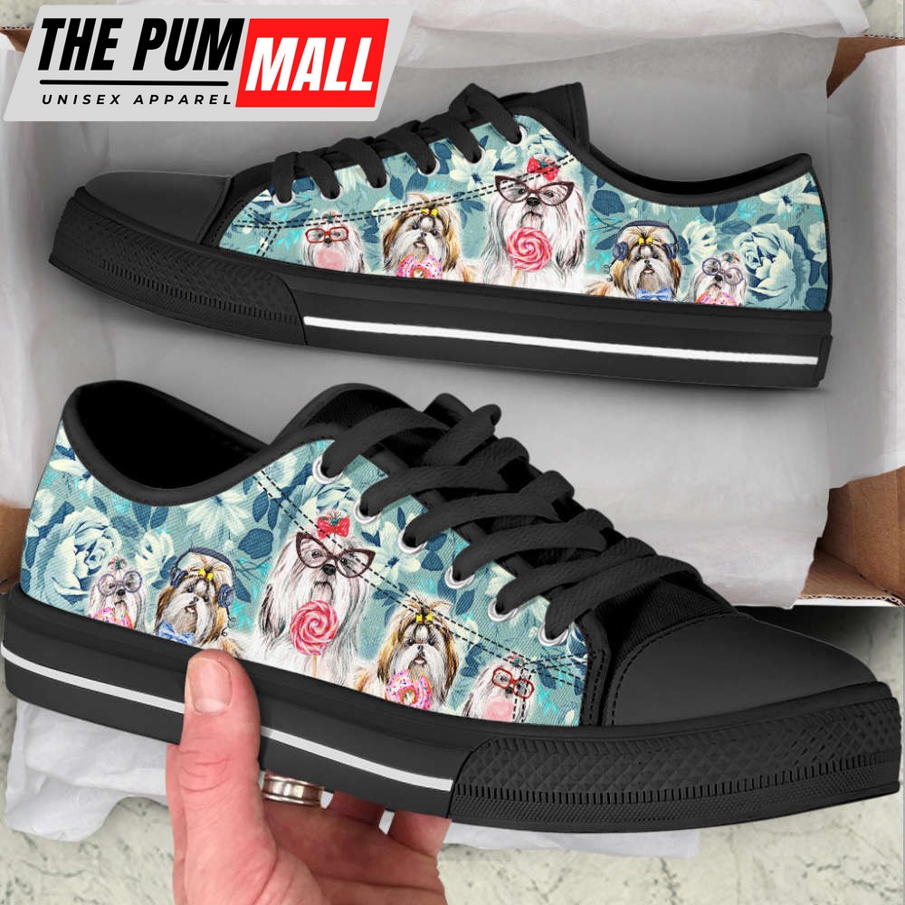 Shih Tzu Dog Flowers Pattern Low Top Shoes Canvas Sneakers Casual Shoes