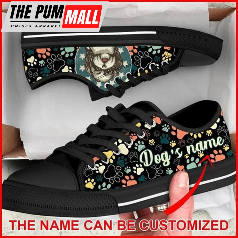 Shih Tzu Dog Paw Pattern Vintage Personalized Canvas Low Top Shoes – Low Top Shoes Mens, Women