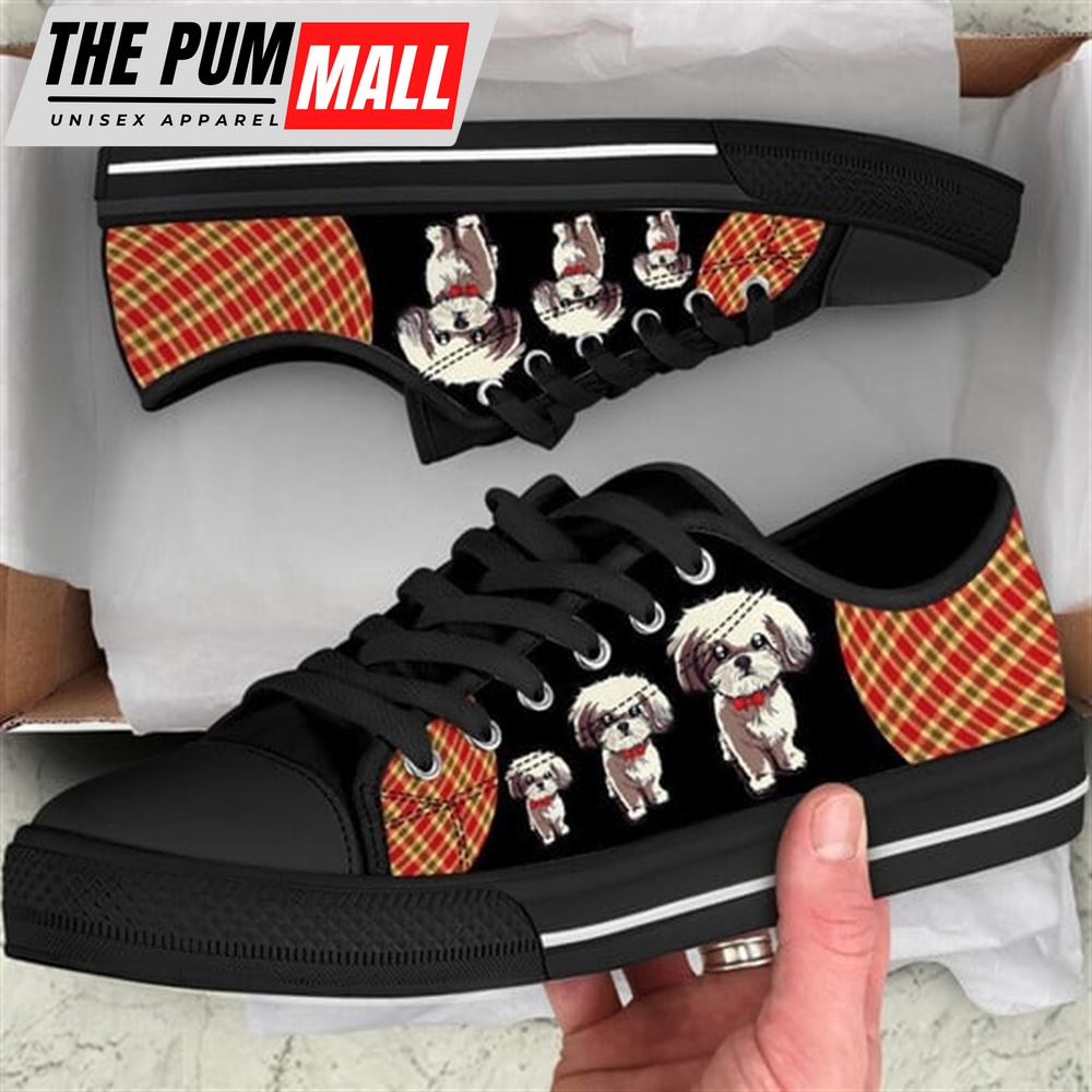 Shih Tzu Dog Red Black Tan Plaid Canvas Low Top Shoes – Low Top Shoes Mens, Women