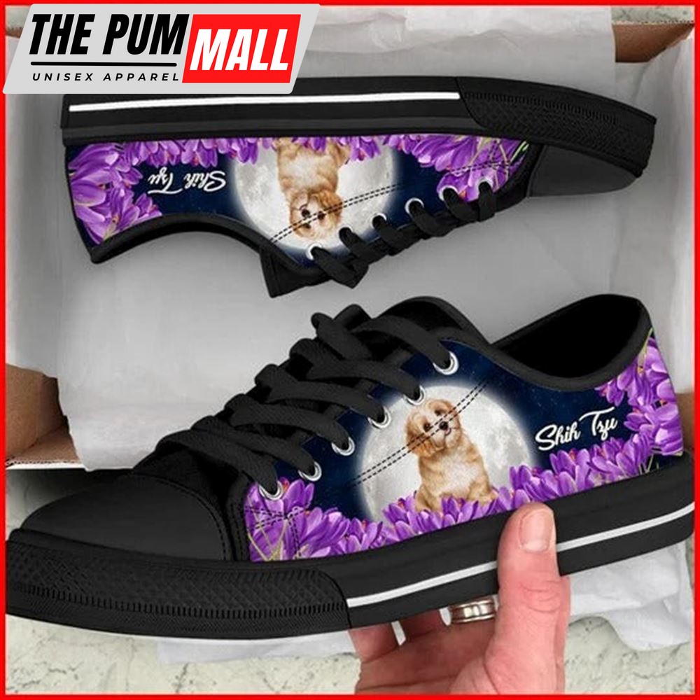 Shih Tzu Purple Flower Canvas Low Top Shoes – Low Top Shoes Mens, Women