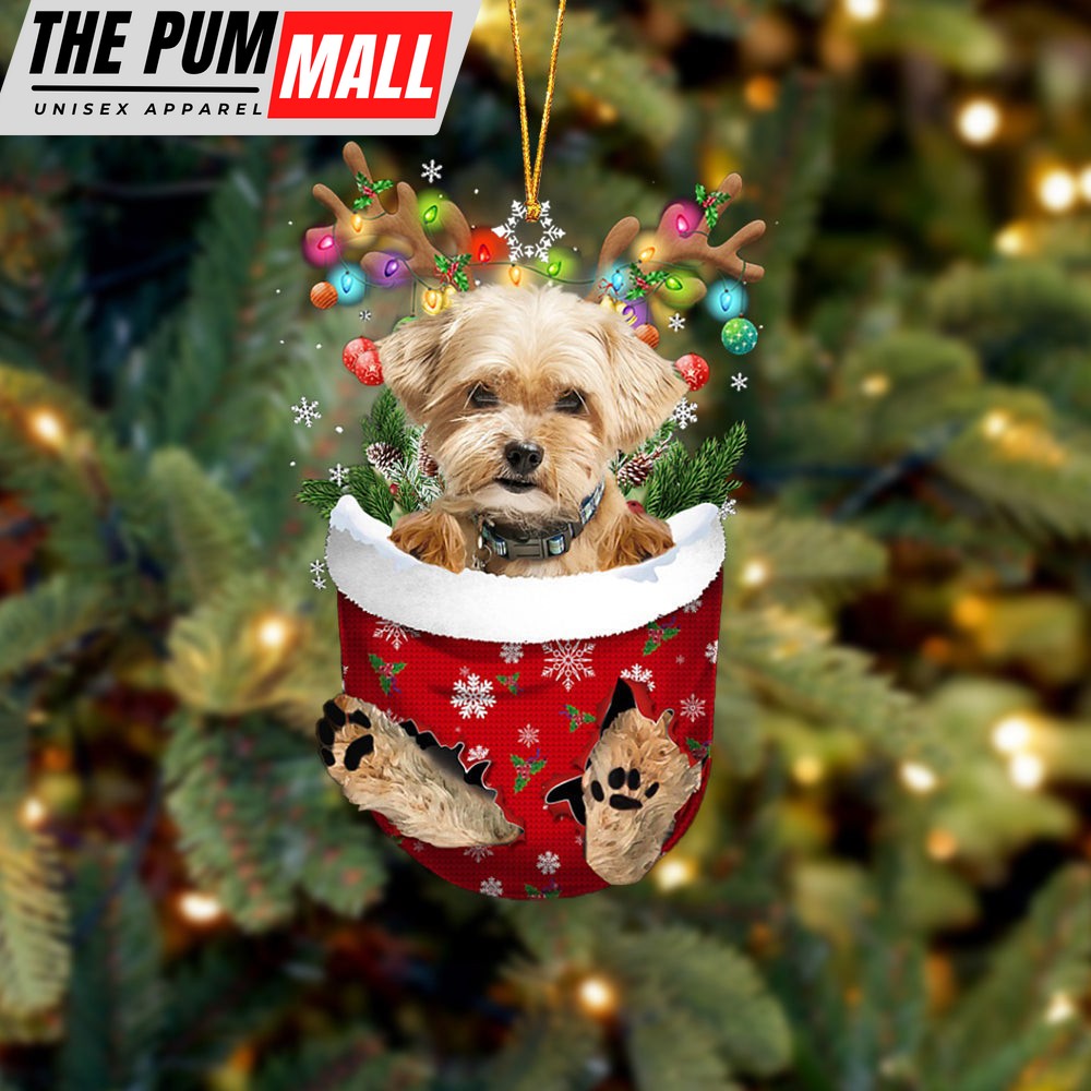 Shorkie In Snow Pocket Christmas Ornament – Two Sided Christmas Plastic Hanging Limited Edition
