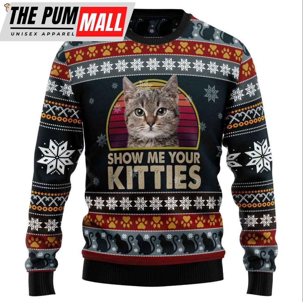 Show Me Your Kitties Ugly Knitted Christmas Sweatshirt, Cat Xmas Sweater, Christmas Sweater, Ugly Christmas Sweater