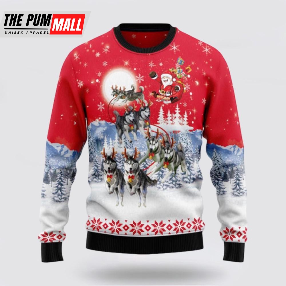 Siberian Husky Santa Claus Ugly Sweater, Funny Santa Sweaters