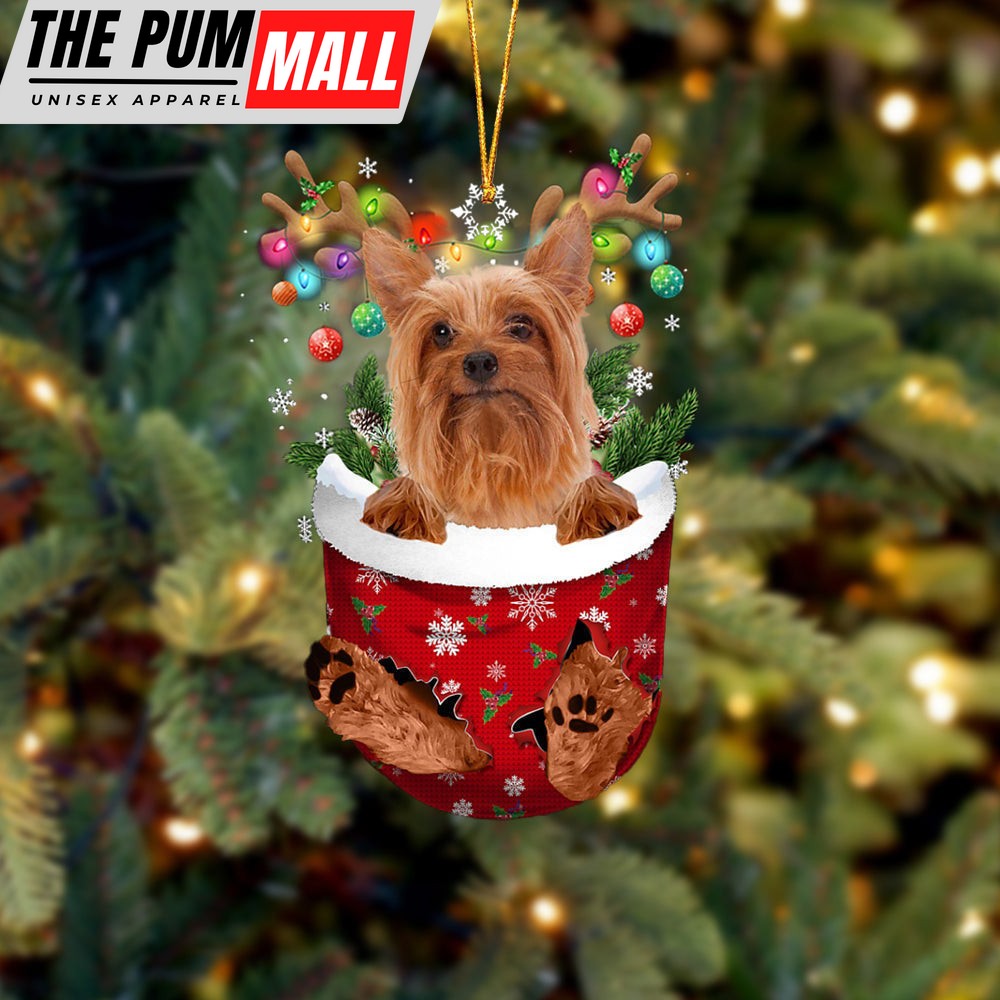 Silky Terrier In Snow Pocket Christmas Ornament – Two Sided Christmas Plastic Hanging Limited Edition