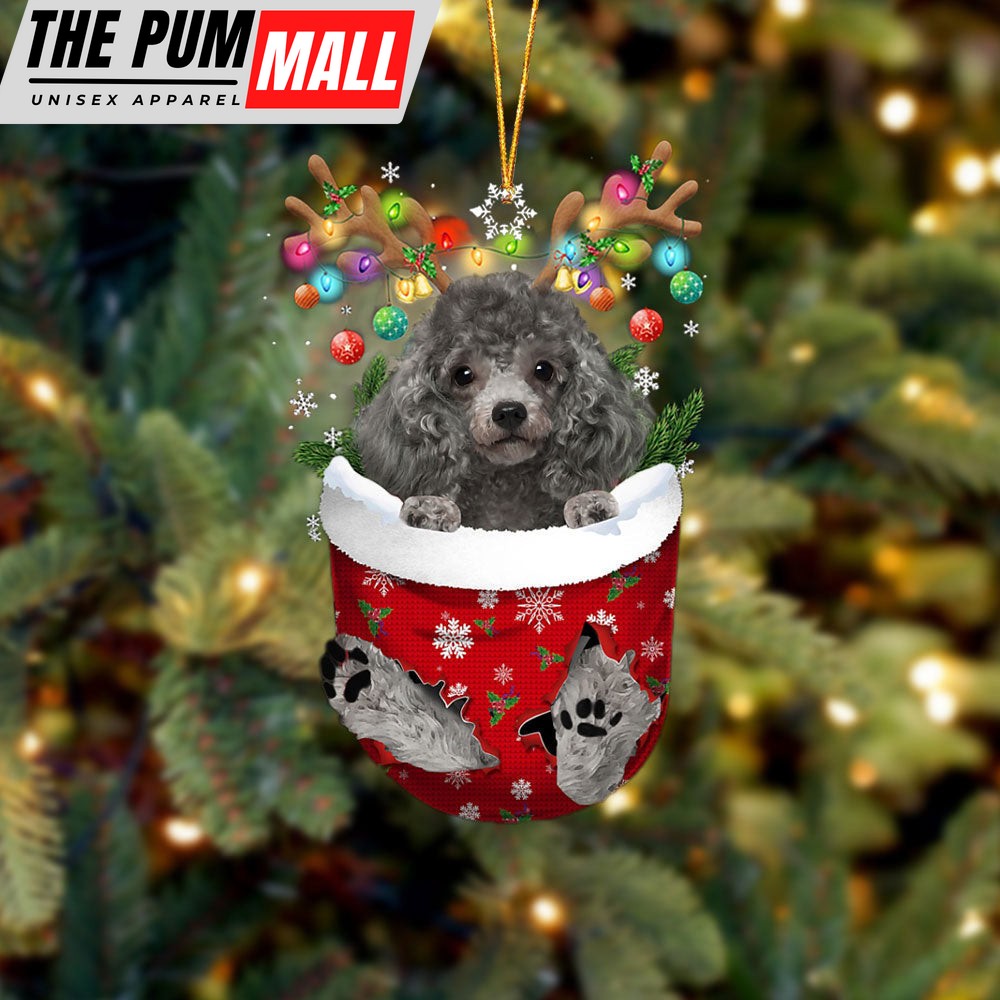 Silver Miniature Poodle In Snow Pocket Christmas Ornament – Two Sided Christmas Plastic Hanging Limited Edition