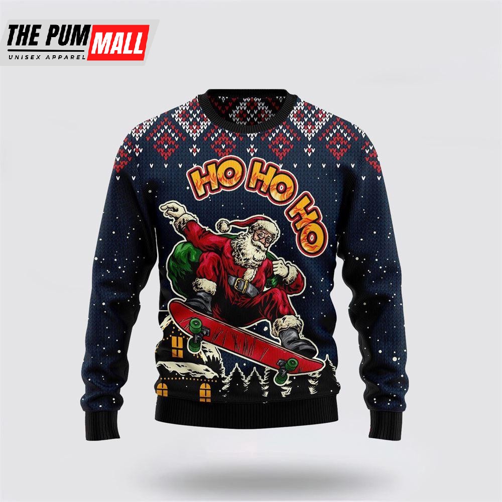Skater Santa Claus Ho Ho Ho Ugly Christmas Sweater