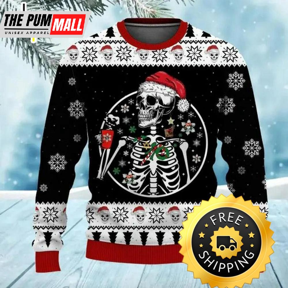 Skeleton Drinking Coffee Skull Funny Ugly Christmas Sweater, Skull Ugly Sweater