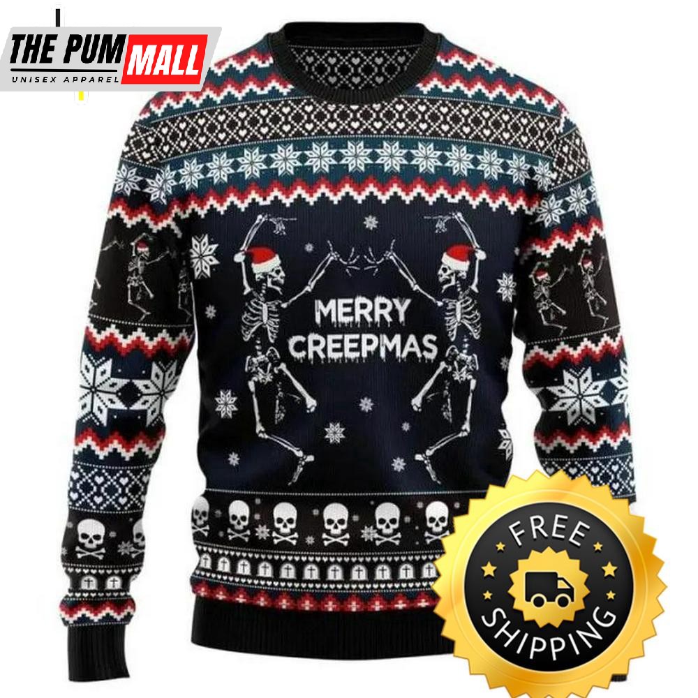 Skeleton Merry Creepmas Ugly Christmas Sweater, Skull Ugly Sweater