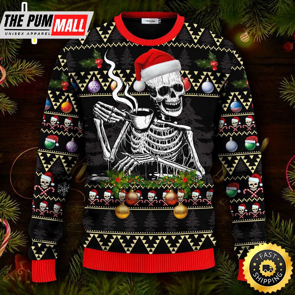 Skull Drinking Hot Coffee Christmas Pattern Ugly Christmas Skull Sweater Christmas