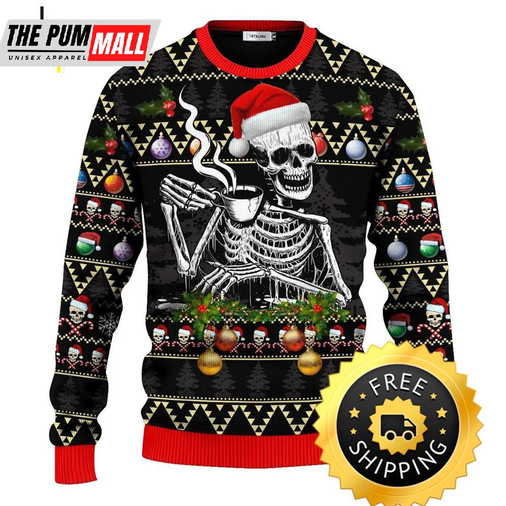 Skull Drinking Hot Coffee Christmas Pattern Ugly Christmas Sweater, Skull Ugly Sweater