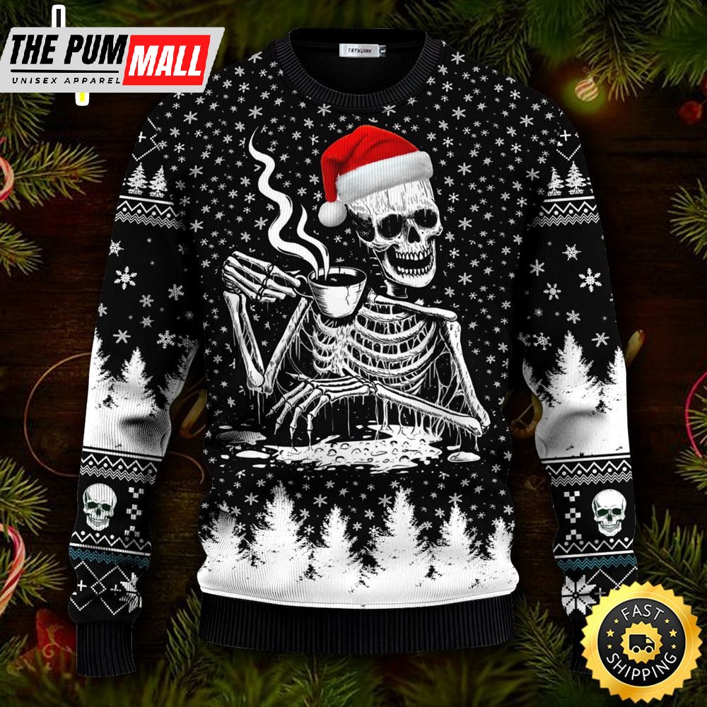 Skull Drinking Hot Coffee Ugly Christmas Skull Sweater Christmas