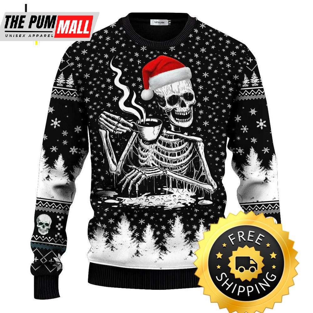 Skull Drinking Hot Coffee Ugly Christmas Sweater, Skull Ugly Sweater