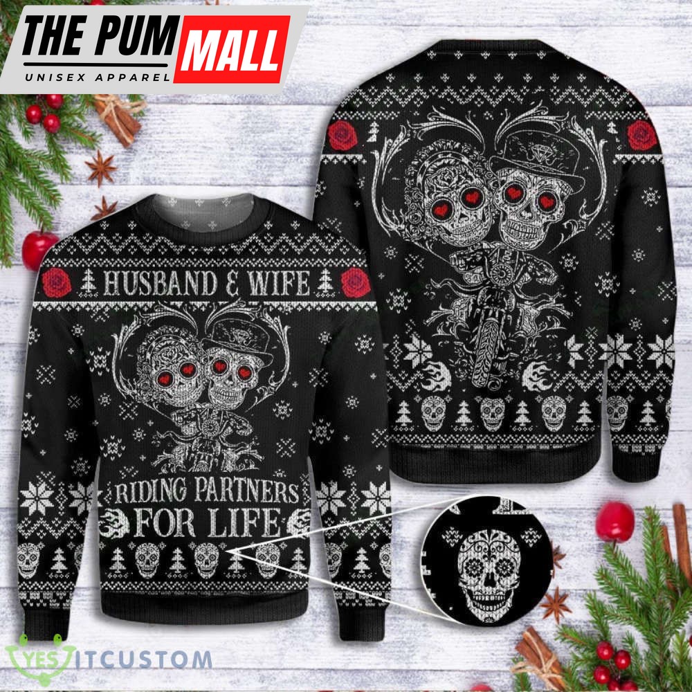 Skull Husband & Wife Riding Partners – 3D Ugly Sweater